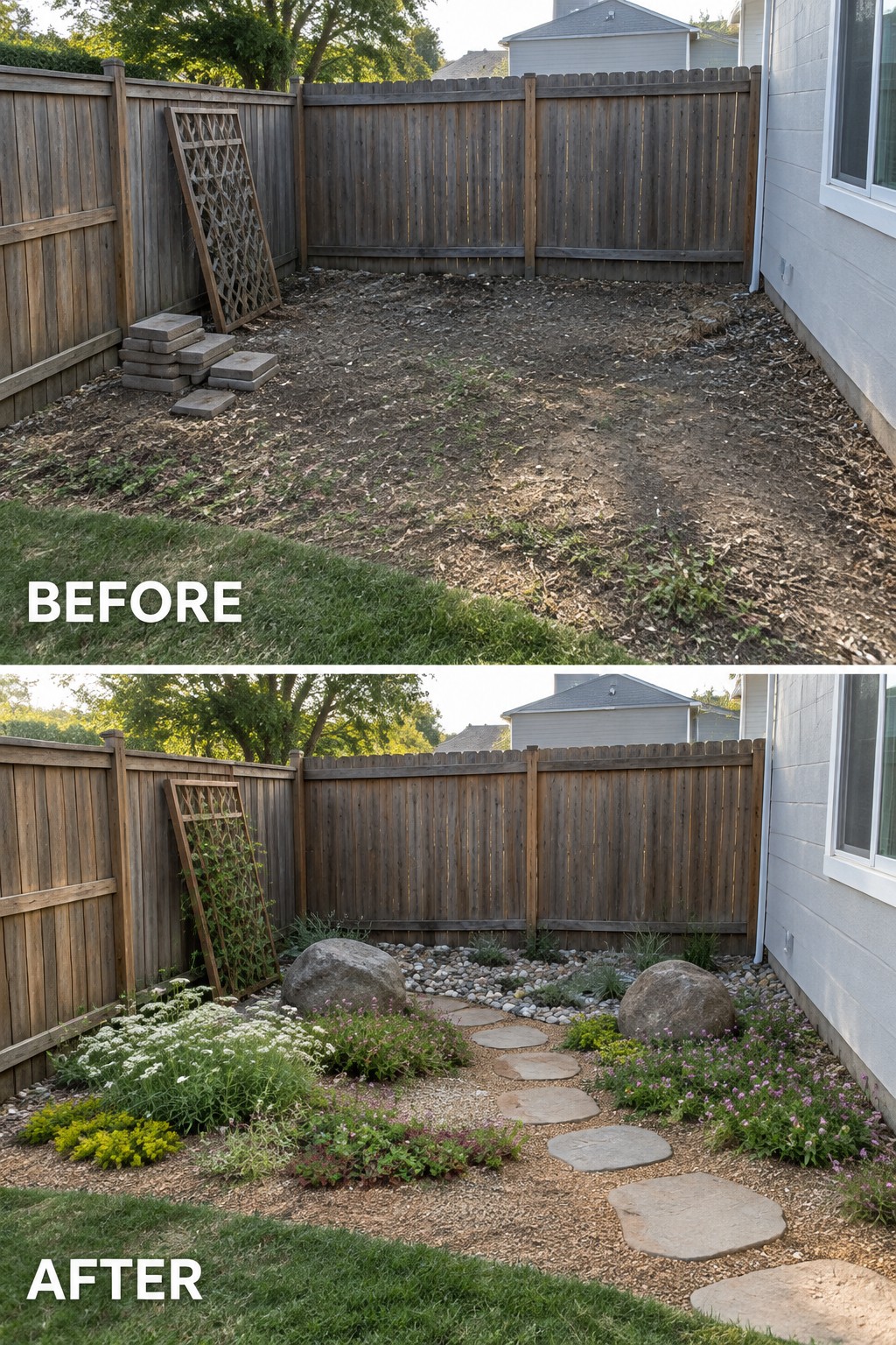 Before and after backyard: bare dirt yard transformed into landscaped garden with path and plants