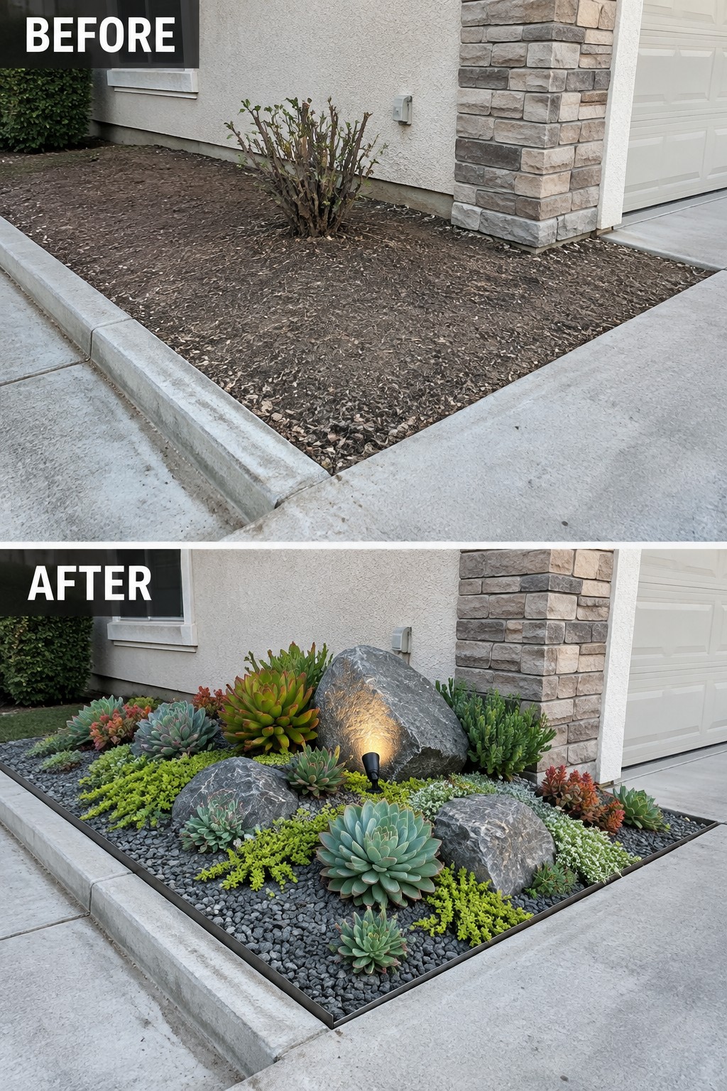 Before-and-after image of a bare dirt area next to a house transformed into a gravel bed with rocks, succulents, and ground cover plants.