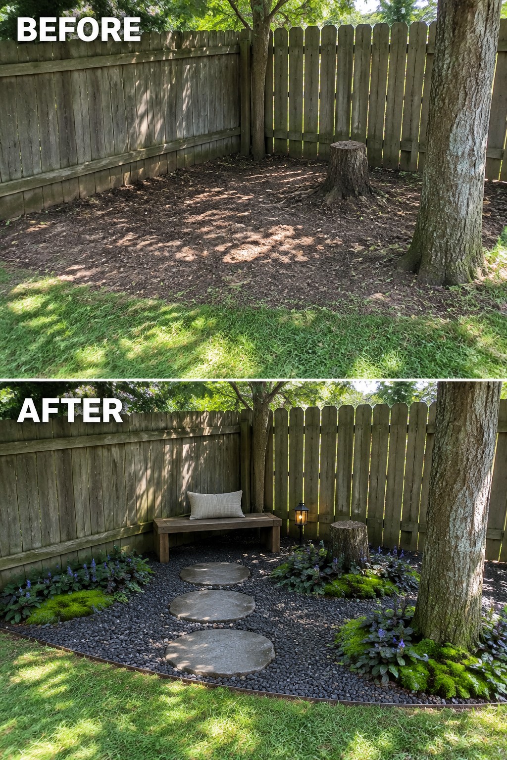 Before-and-after backyard transformed with gravel path, bench, plants, and stepping stones.