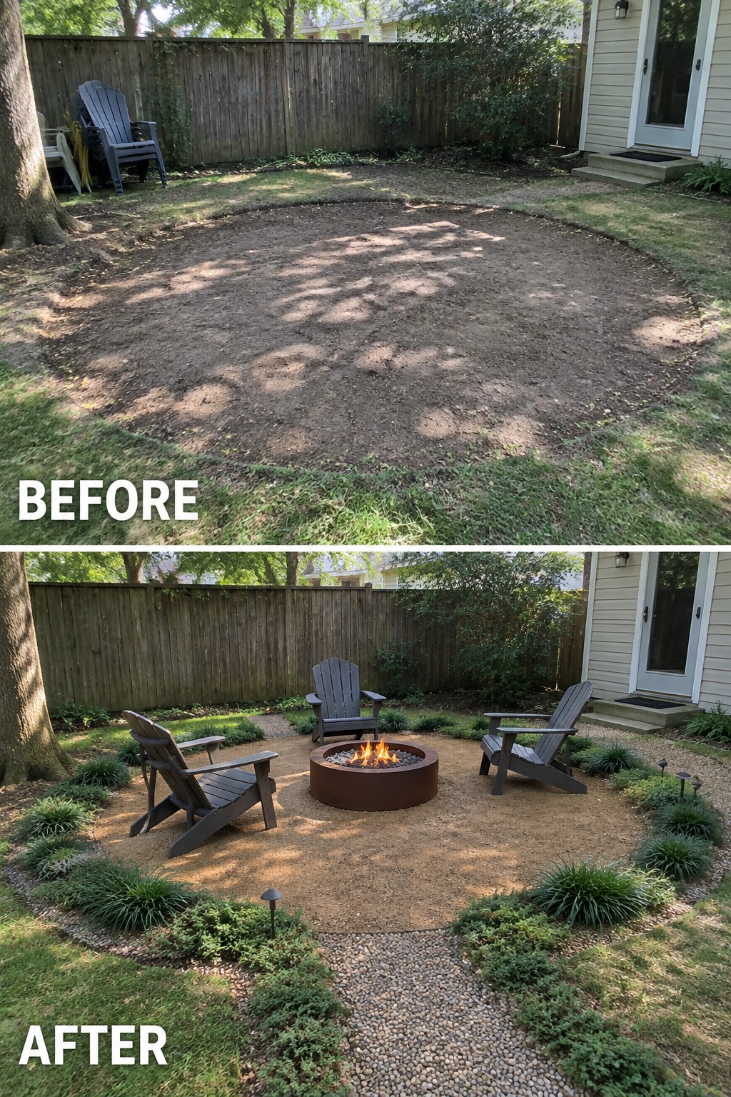 Before and after backyard renovation with fire pit, Adirondack chairs, and landscaping