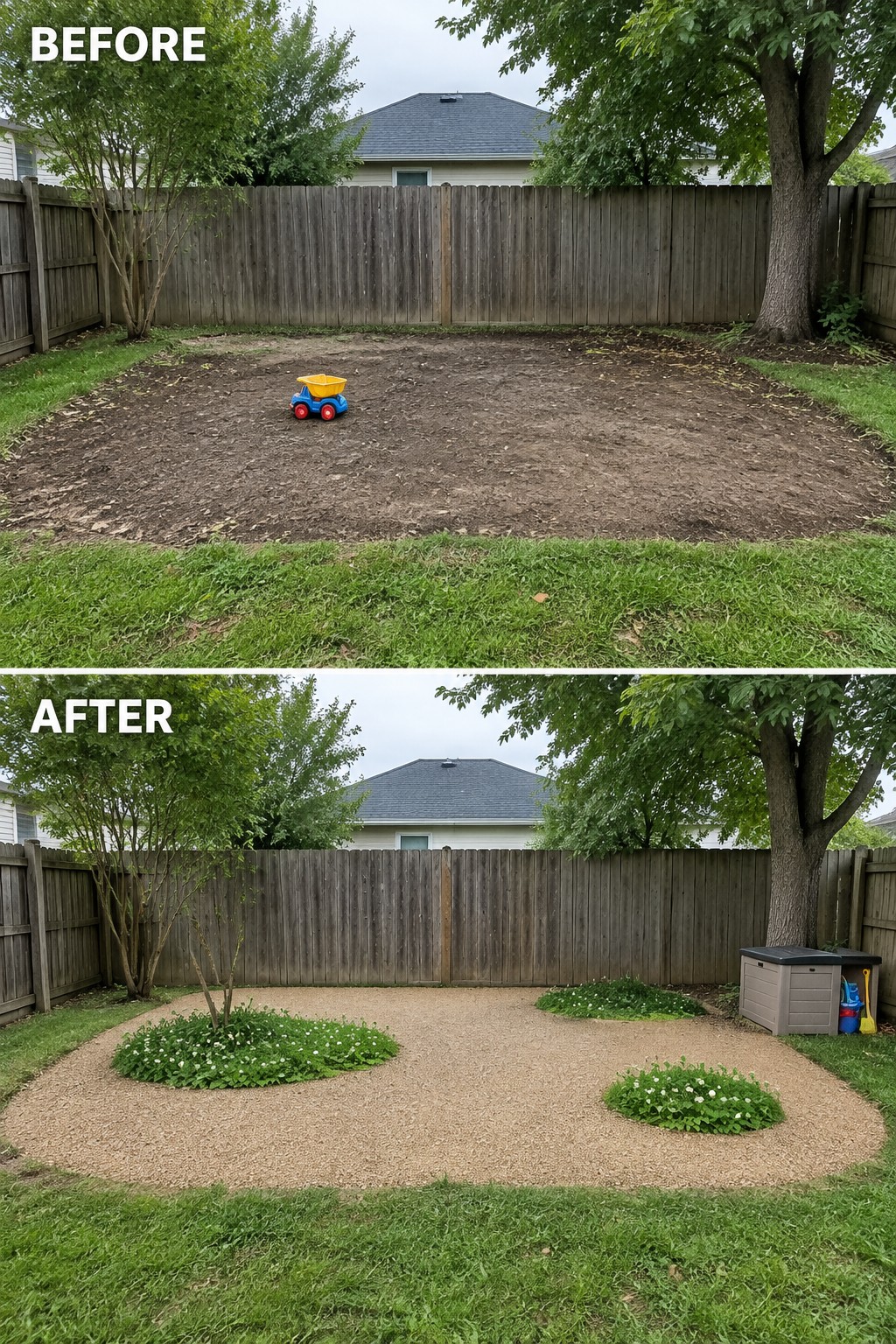 Before-and-after image of a bare dirt backyard changed into a gravel-covered space with two oval planting beds containing green ground cover and white flowers.