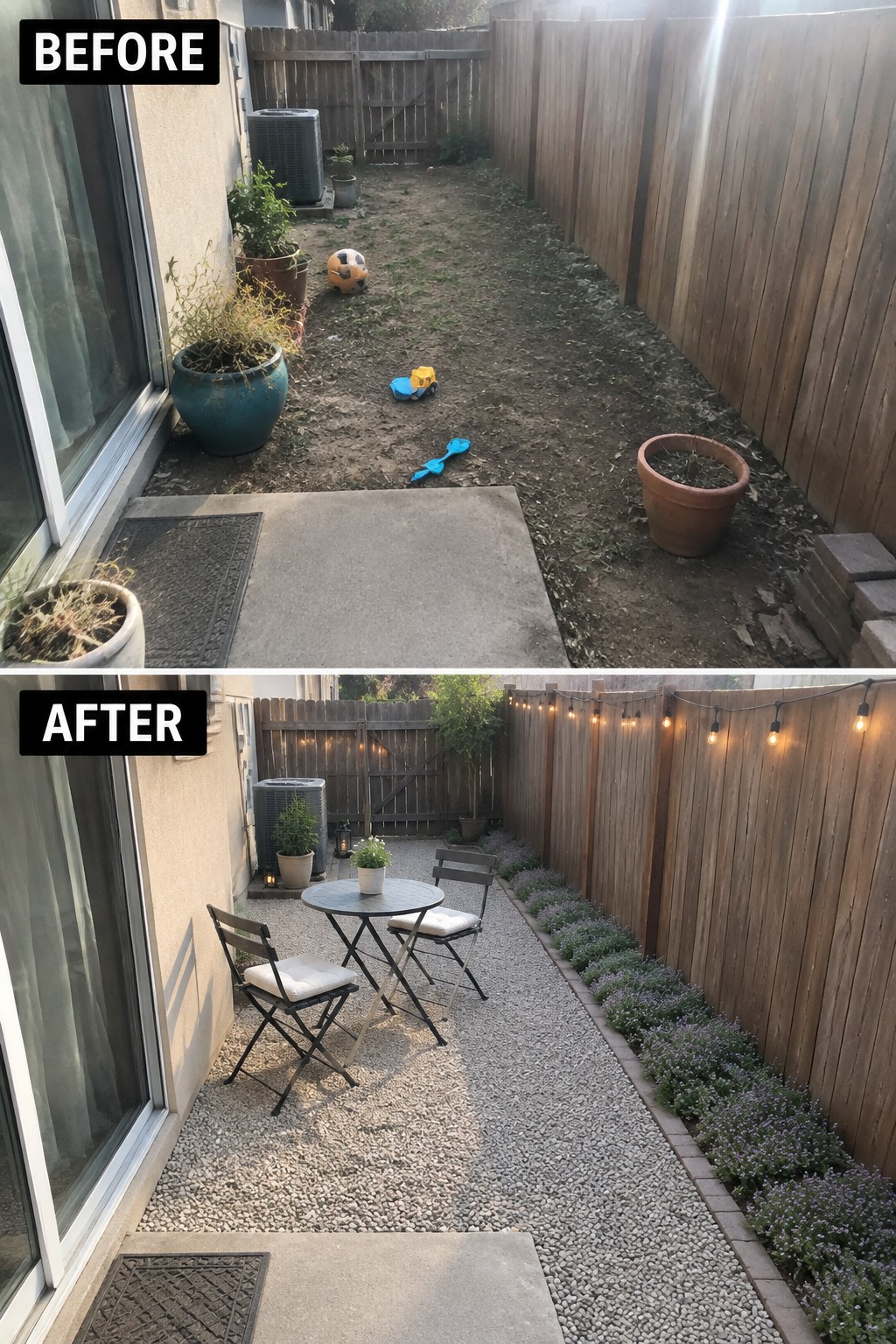Before and after backyard makeover from bare dirt to gravel patio with furniture and lights.