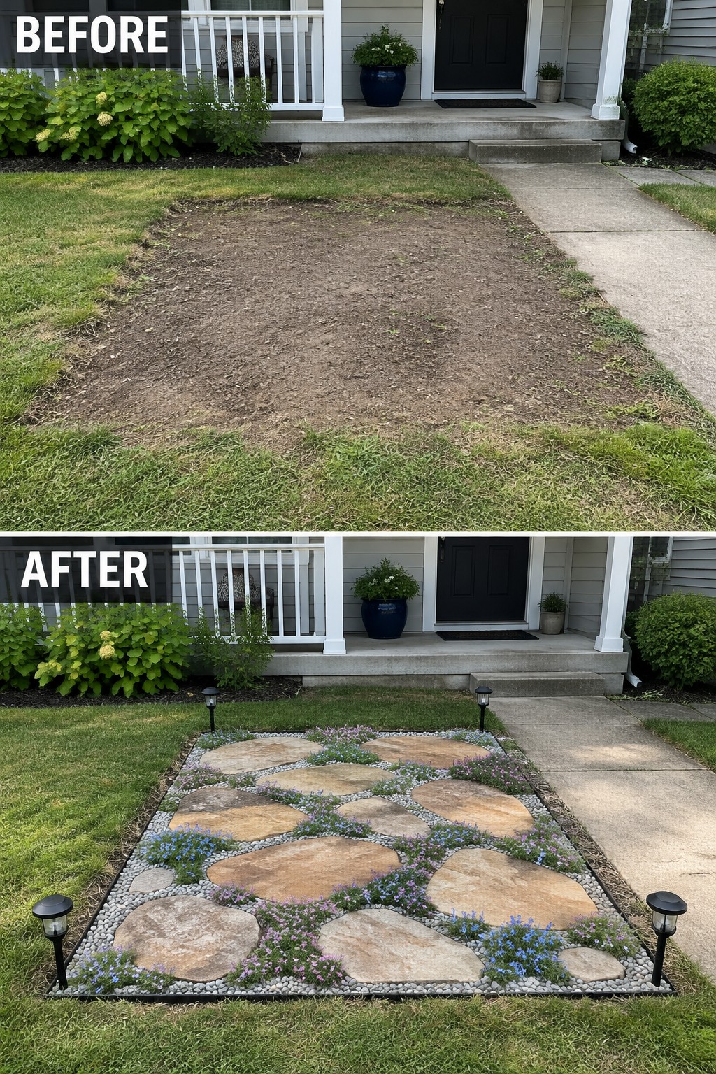 Before-and-after image of a bare dirt front yard changed into a flagstone path with gravel and flowering ground cover.
