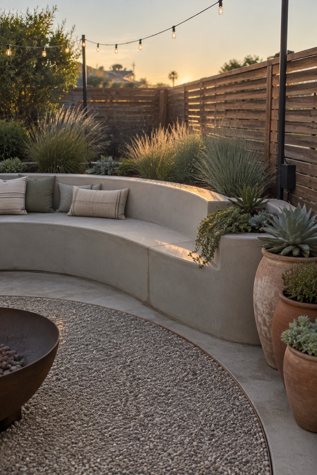 A curved concrete bench with pillows sits beside a gravel area holding a fire pit, with potted succulents and string lights overhead at dusk.