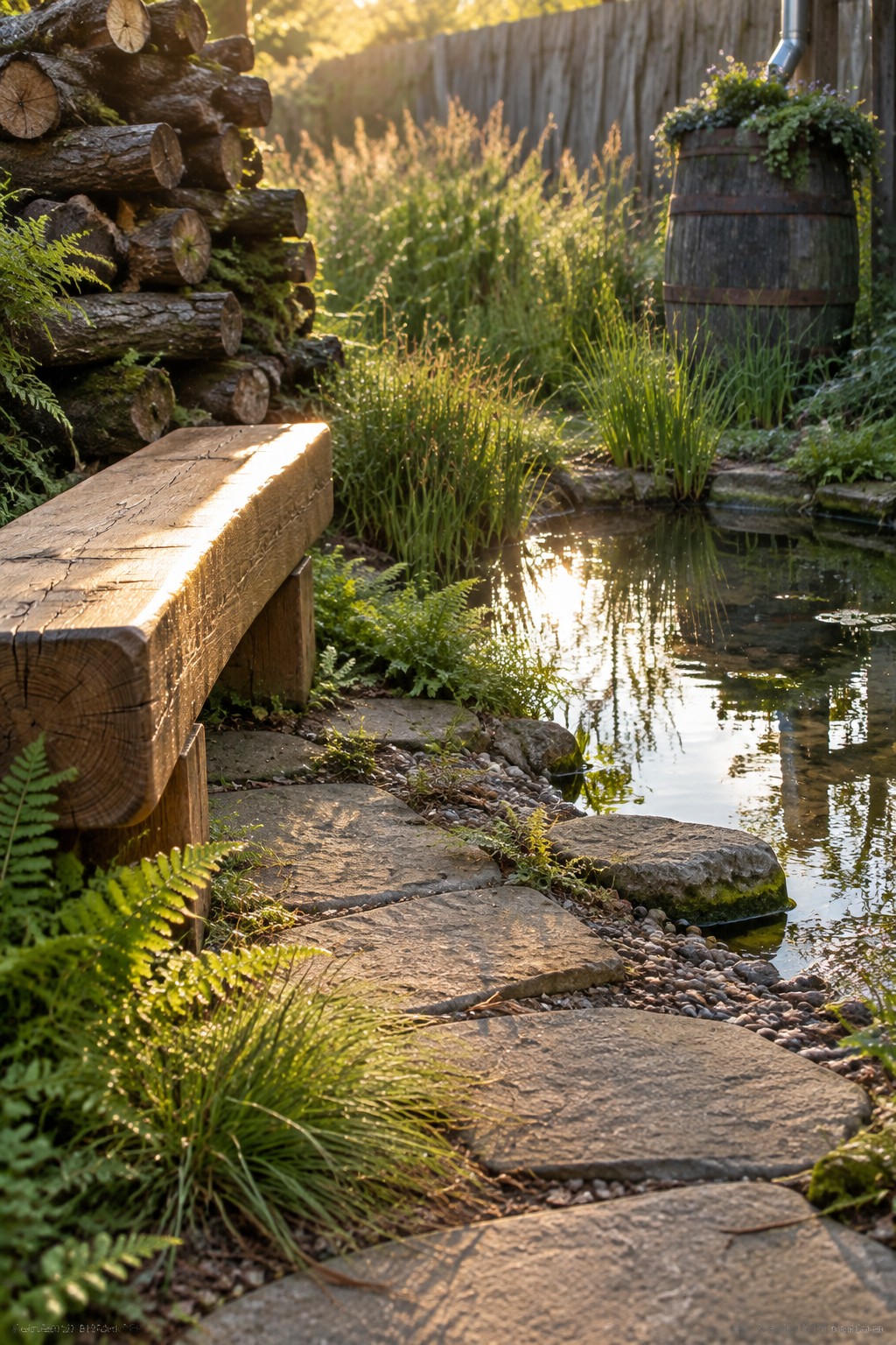 Rustic wooden bench beside stepping stones along sunlit garden pond with ferns and logs