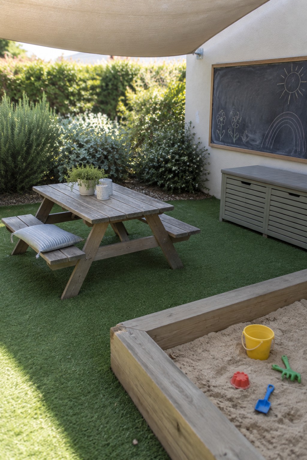 Wooden picnic table and sandbox beside chalkboard and storage bench on turf