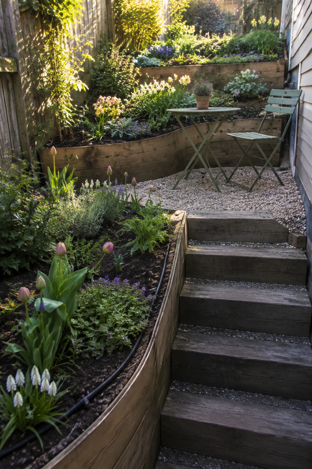Wooden raised beds with blooming flowers, gravel patio, green chair, and wooden stairs