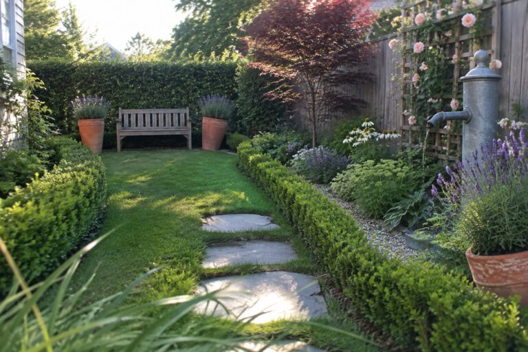 Garden path with stepping stones leads to bench amid flowers and hedges