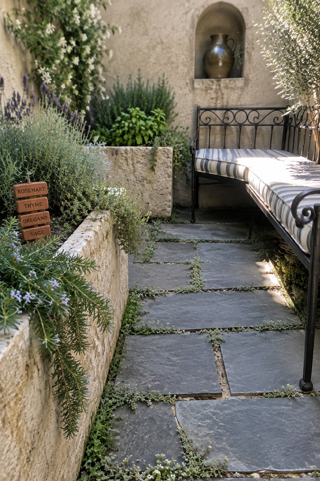 A narrow stone path runs next to a raised planter holding labeled rosemary, thyme, oregano, and sage, with a metal bench visible on the right.