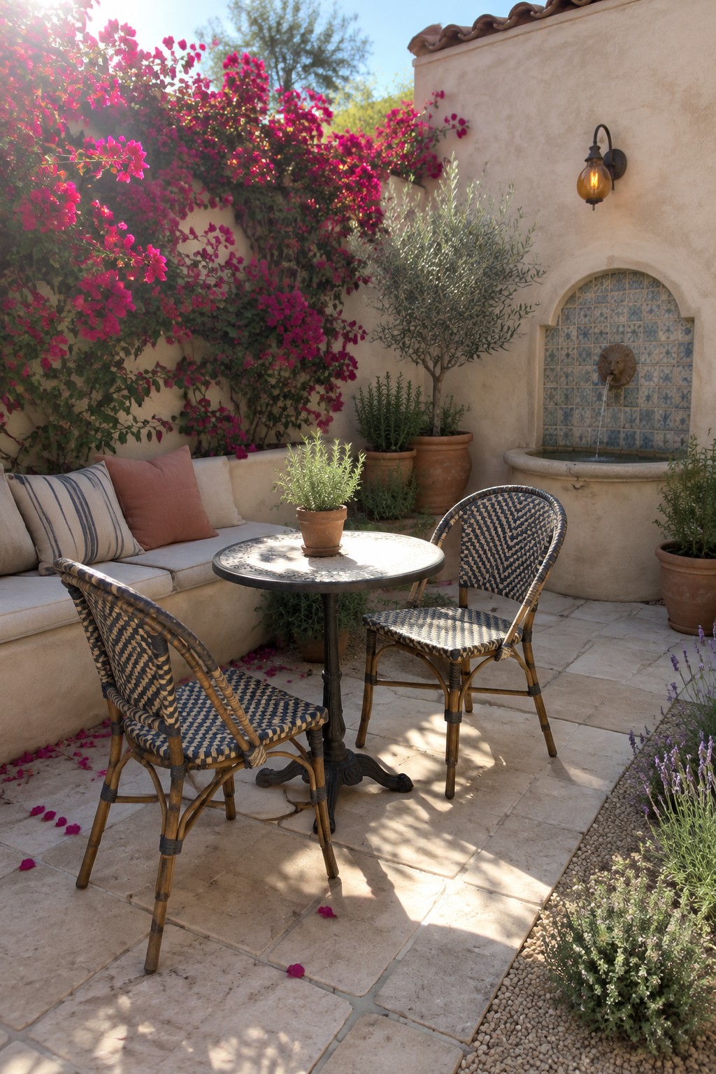 Sunny patio with bistro table, woven chairs, pink bougainvillea, and tiled fountain.