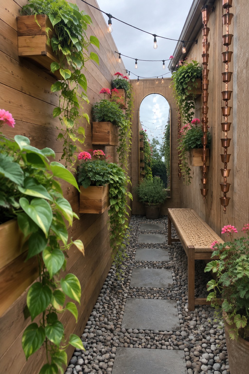 A narrow outdoor walkway lined with wooden walls holding multiple mounted planters filled with green vines and pink flowers, a gravel surface with stone pavers running down the center, string lights overhead, and a woven bench along the right wall.