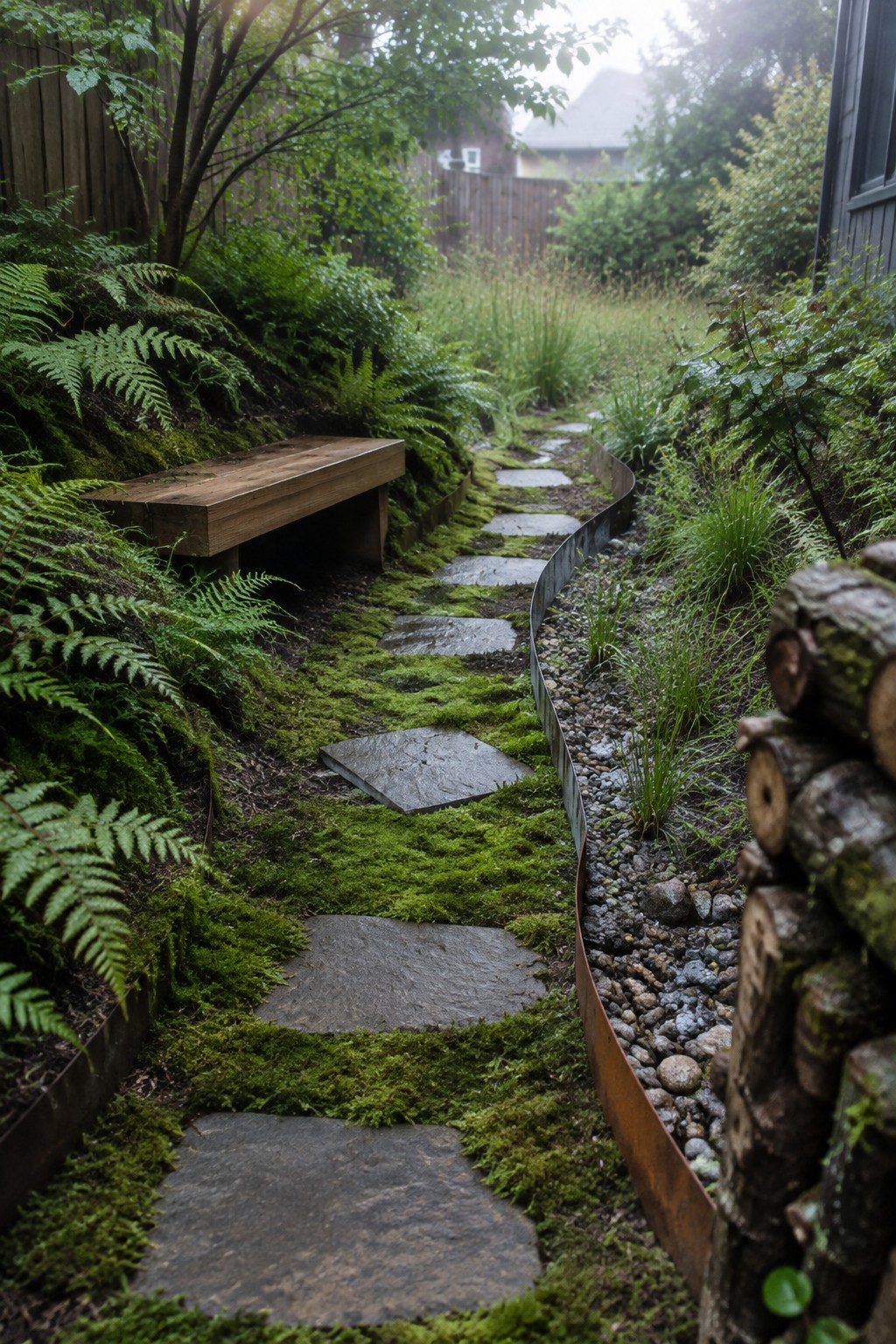 Mossy stepping stones wind past a wooden bench amid lush ferns and logs