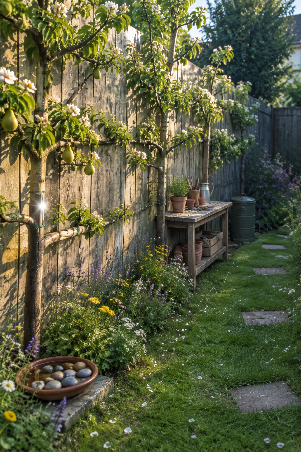 A narrow backyard garden with espaliered fruit trees trained against a wooden fence, colorful flowers at the base, and a stone path through the grass.