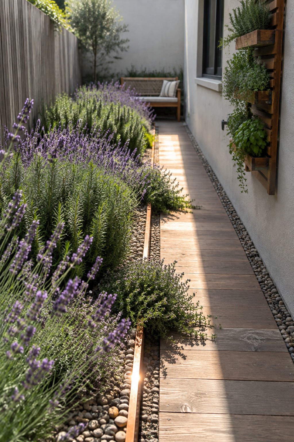 Narrow wooden path bordered by blooming lavender and vertical herb planters on wall.