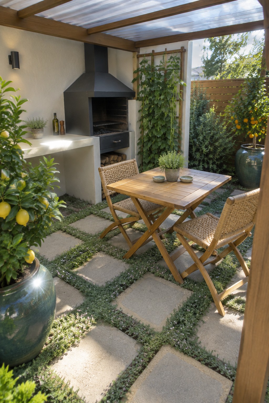 A small outdoor patio features a grid of concrete pavers with grass growing between them, a wooden dining table with woven chairs, a built-in grill, and several large potted citrus trees.