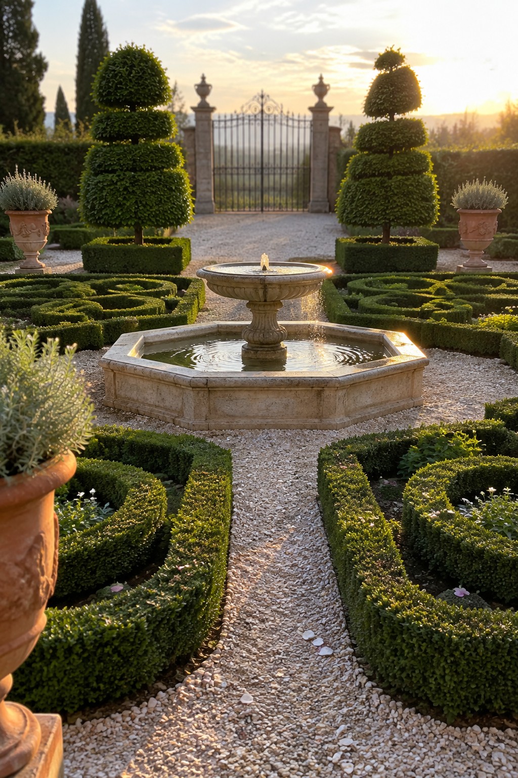 A formal garden features an octagonal stone fountain centered between symmetrical geometric hedge beds, with topiary trees, gravel paths, and a distant wrought iron gate at sunset.