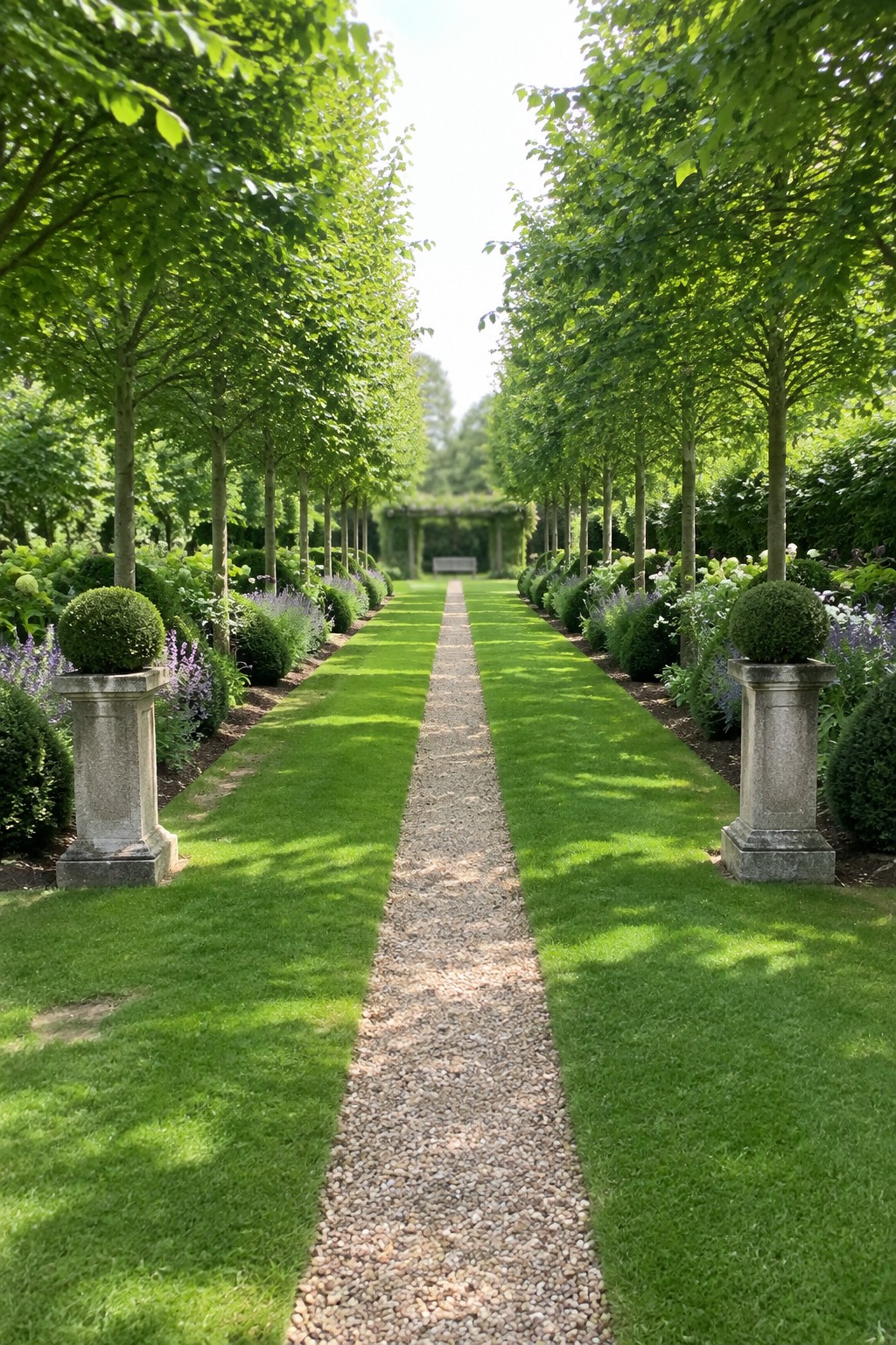 A long formal garden path with a central gravel strip flanked by grass lawns, rows of trees, and matching topiary planters on stone pedestals.