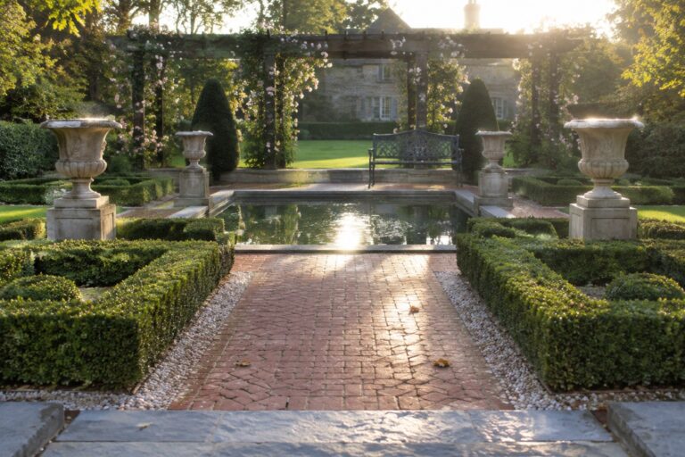 24 Elegant Formal Backyard Landscaping Ideas With Symmetrical Beds A formal garden view shows a straight brick path leading to a rectangular reflecting pool, with matching stone urns on pedestals and clipped hedges on both sides.