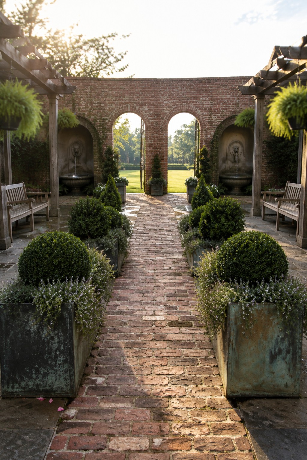 Brick path lined with planters and benches leads through arched brick garden wall