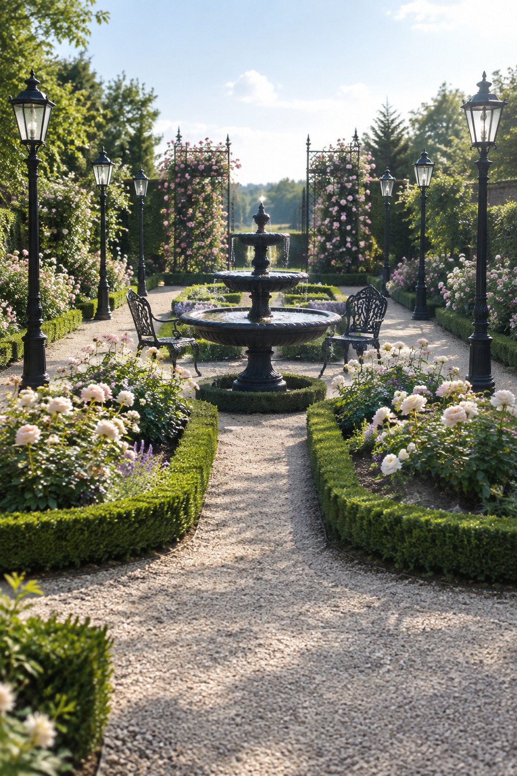 A formal garden featuring a central fountain, symmetrical rose beds edged in low hedges, gravel paths, and black lampposts.