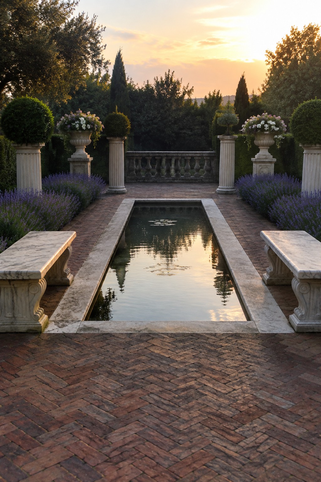A long rectangular reflecting pool runs down the center of a brick patio, flanked by matching lavender beds, stone benches, and urn-topped columns at sunset.
