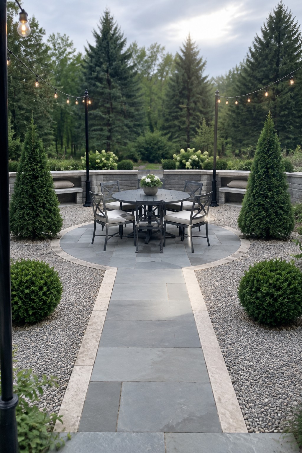 Stone pathway to round table and chairs on patio amid trees and string lights