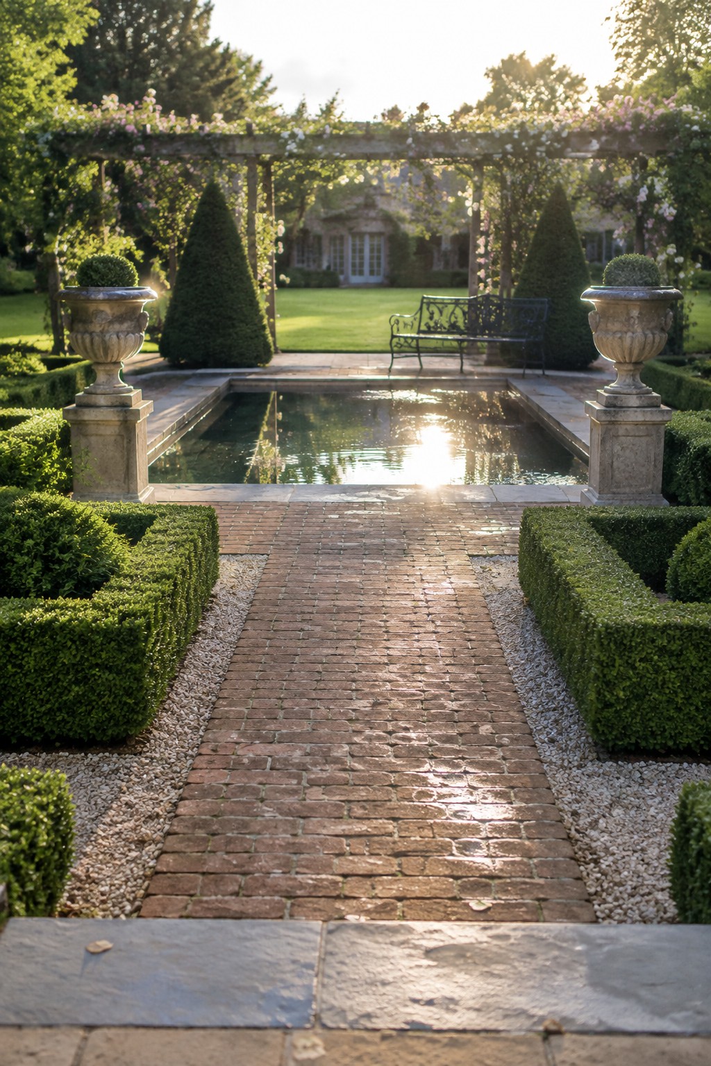 A formal garden view shows a straight brick path leading to a rectangular reflecting pool, with matching stone urns on pedestals and clipped hedges on both sides.