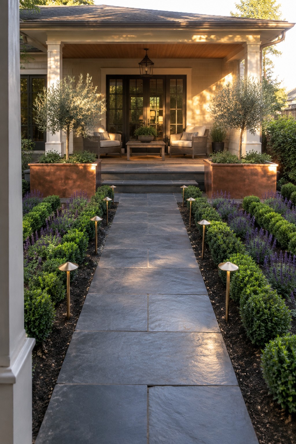 A straight stone pathway bordered by symmetrical beds of green shrubs and purple flowers leads to a house porch with copper planters on each side.