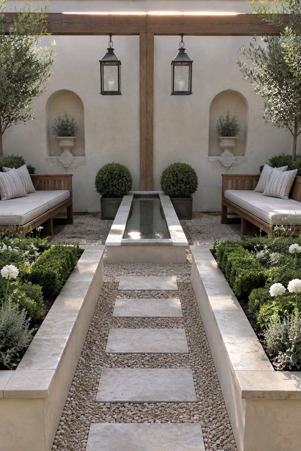 A formal garden with a central rectangular water feature, gravel paths, stepping stones, raised stone beds with greenery, and matching wooden benches against a stucco wall with arched niches.