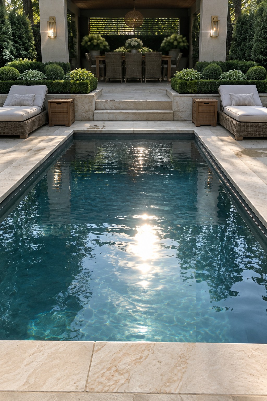 Rectangular pool with sunlit blue water flanked by cushioned lounge chairs and stone decking