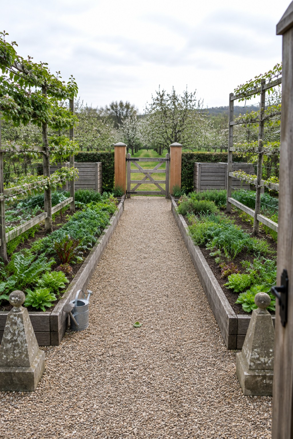 A straight gravel path runs between two long raised wooden beds filled with leafy plants, leading toward a wooden gate between two posts.