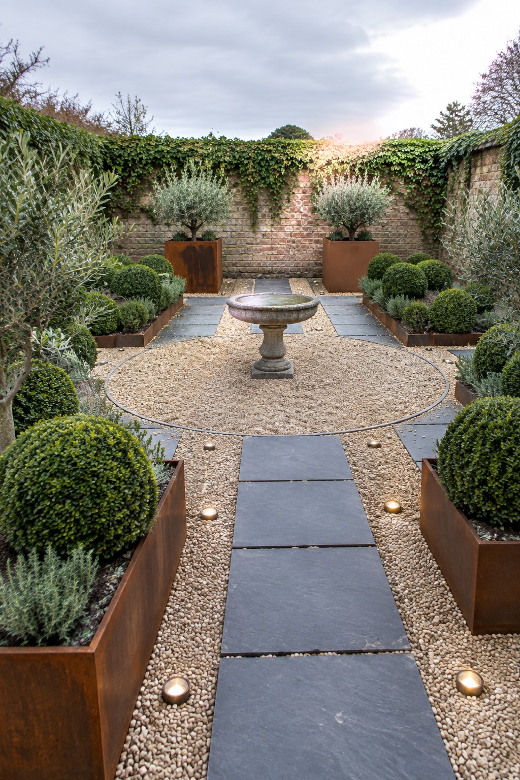 A formal backyard garden with a central stone fountain, circular gravel area, symmetrical raised metal planters with shrubs and trees, and a stone path leading to the fountain.