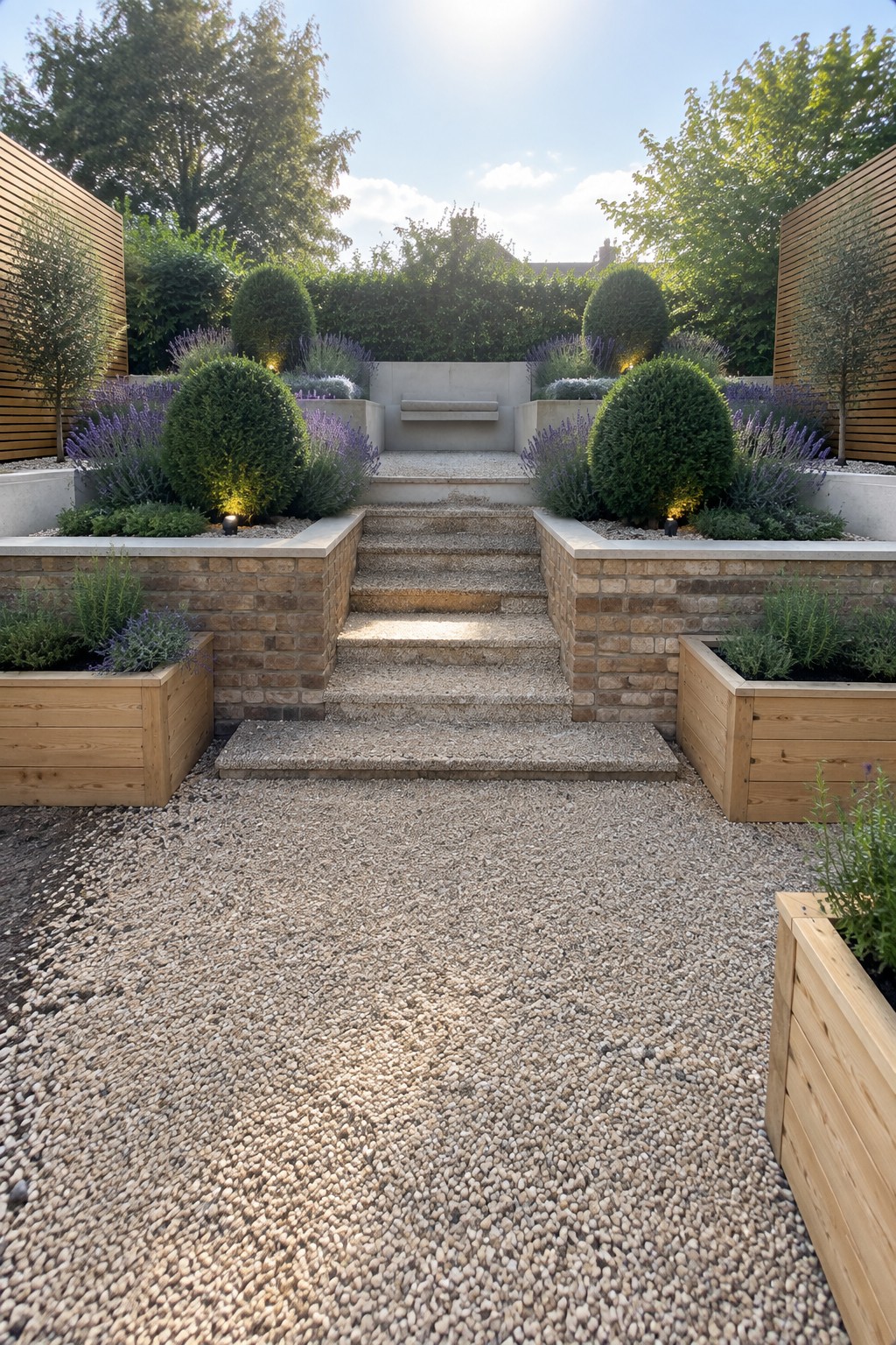 Gravel path leading up steps between brick raised beds planted with matching round shrubs and lavender, with wooden planters visible at the sides.