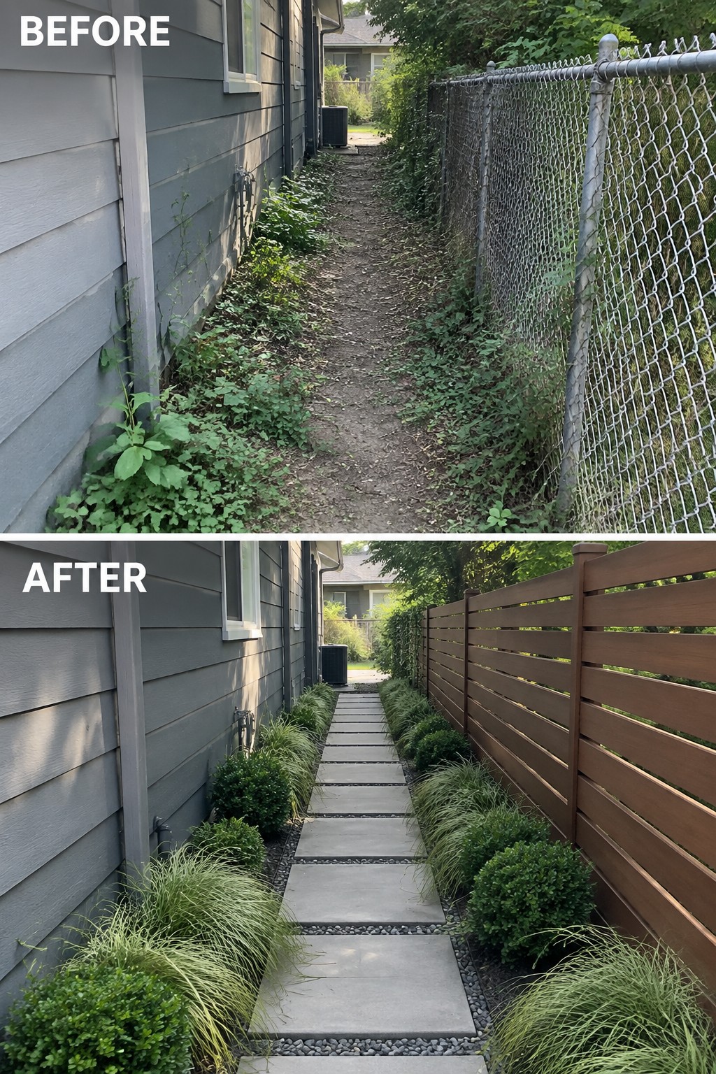 Before overgrown dirt path beside house, after with pavers, plants and wood fence
