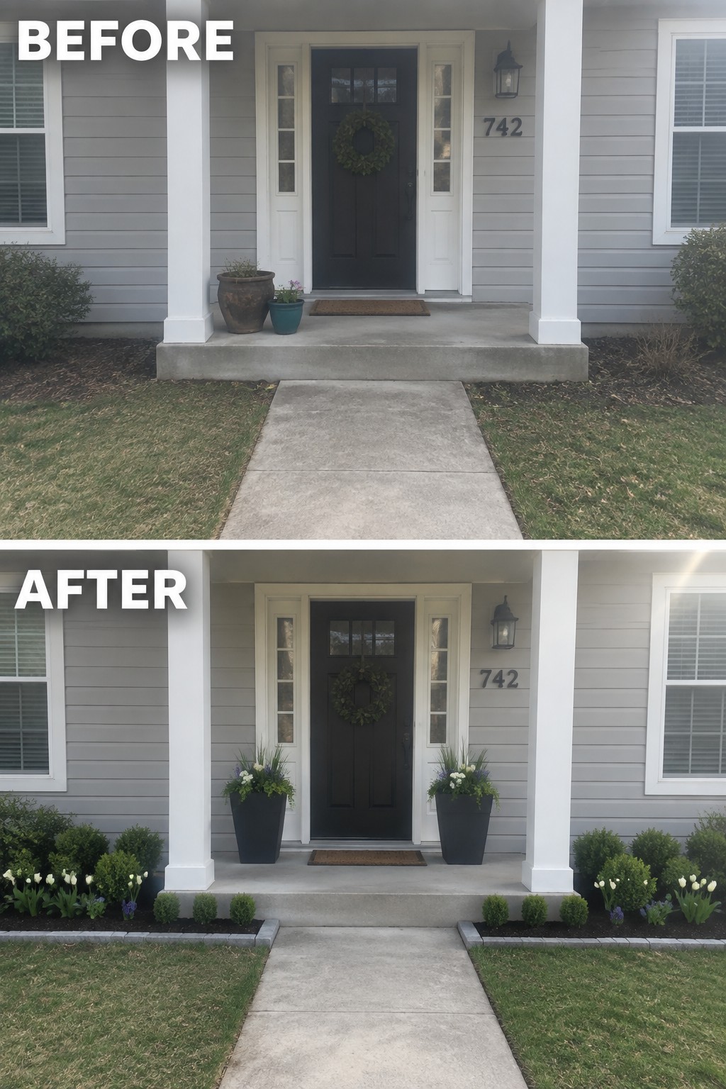 Before and after of gray house entrance with added planters, flowers, and landscaping