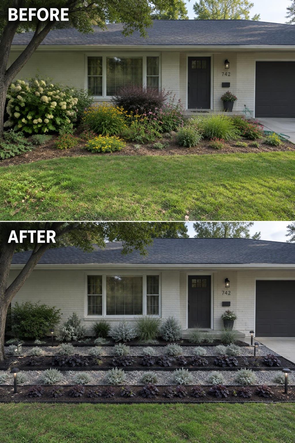 Before and after views of house front yard with colorful garden and modern gravel beds.