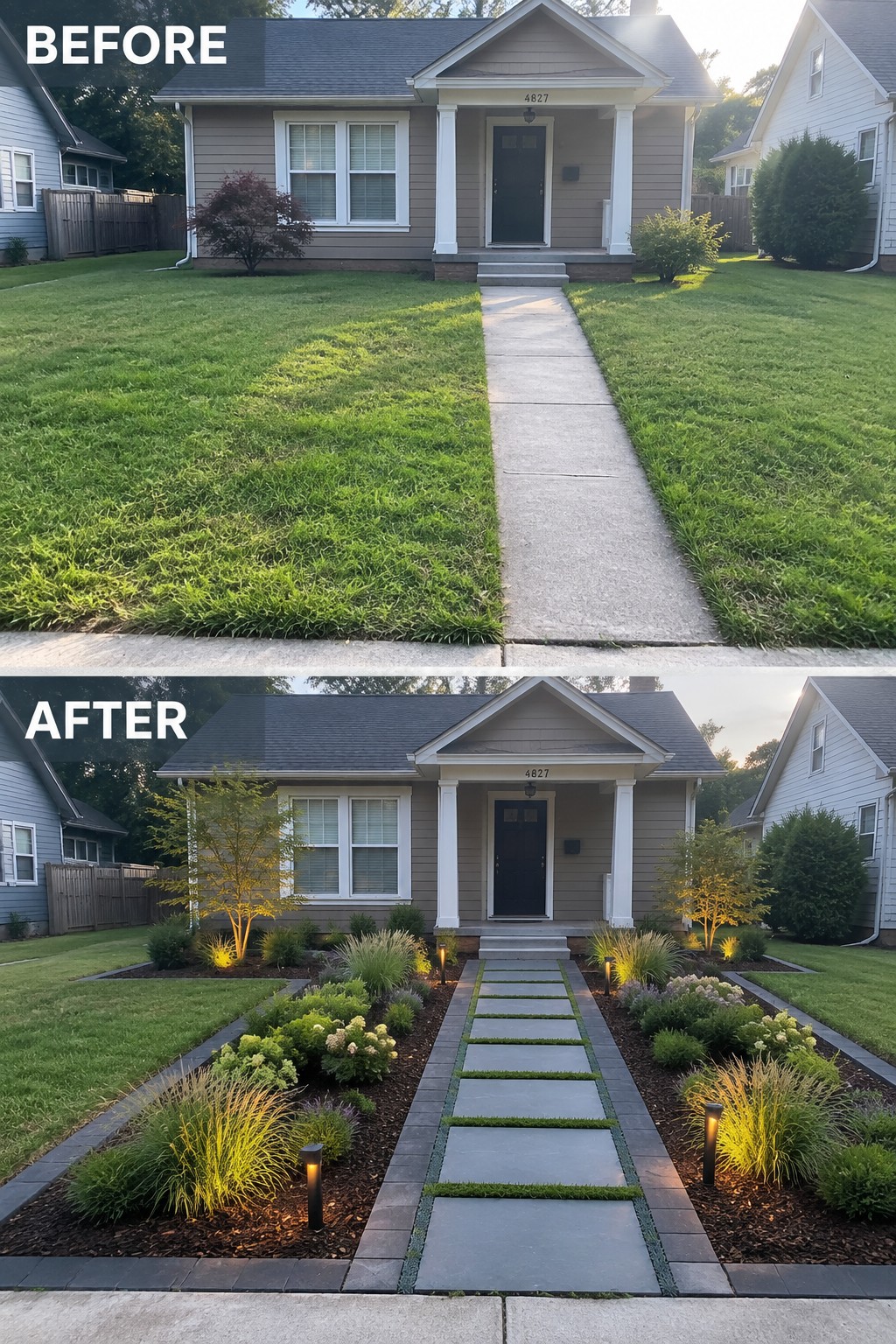 Before-and-after image of a front yard where a plain lawn and straight concrete path were updated with clean-lined planting beds, stone pavers, and low border edging.