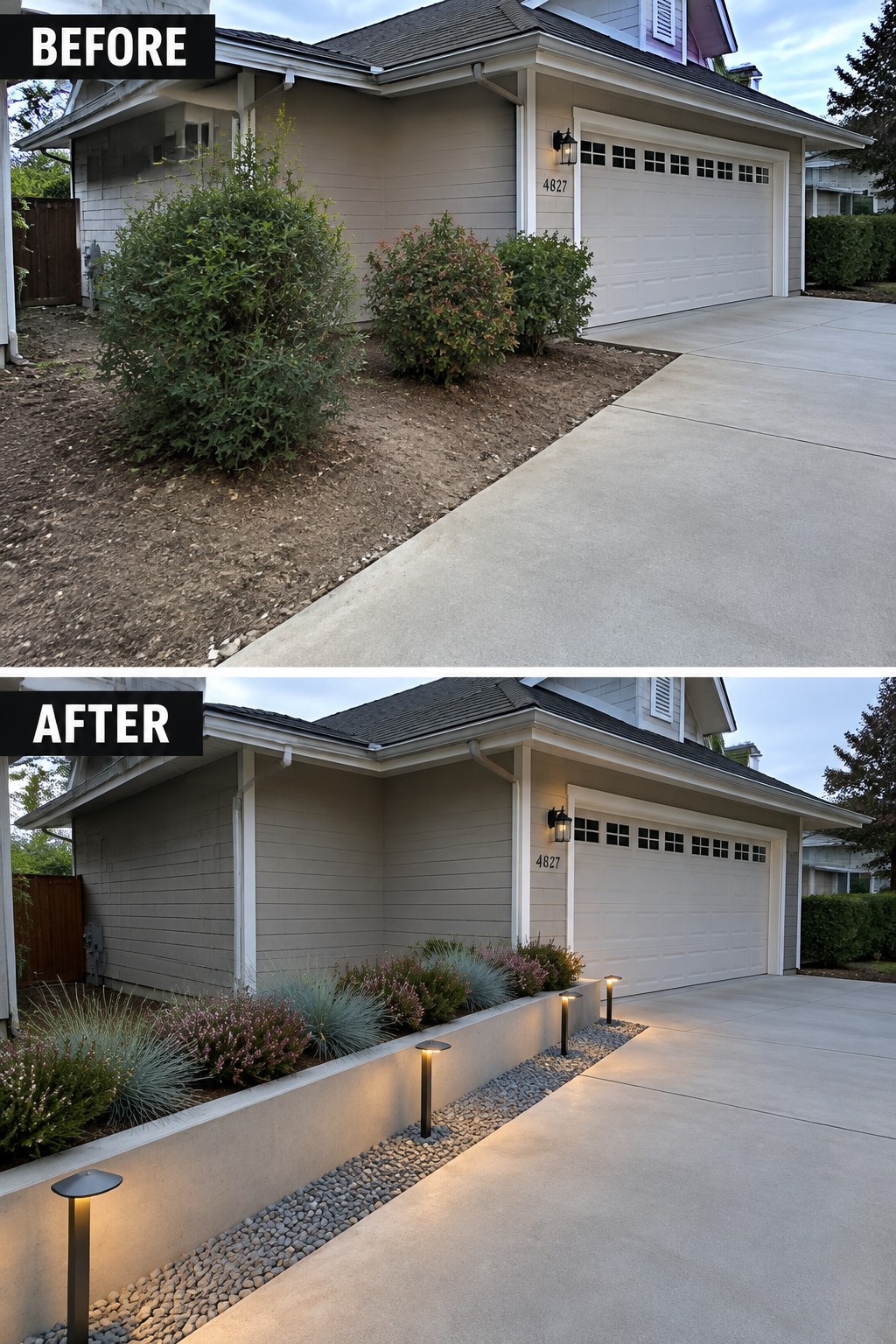 Before-and-after image of a bare dirt strip beside a driveway changed into a clean-lined planting bed with concrete edging, gravel, and path lights.