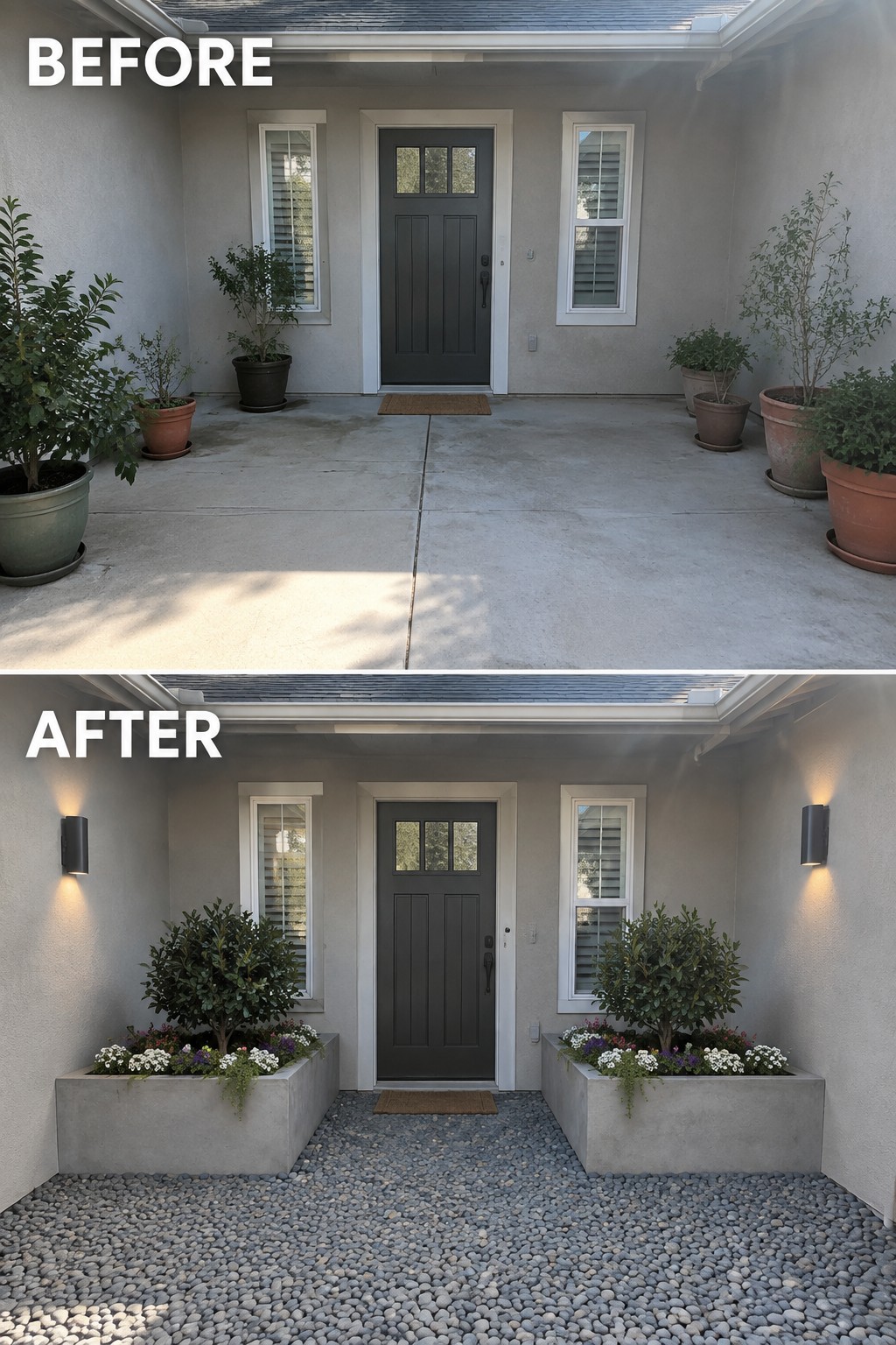 Before and after of gray door entry with new concrete planters, flowers, and gravel