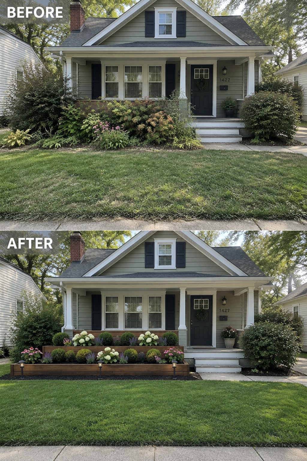 Before-and-after house front yard with messy shrubs replaced by raised flower beds.