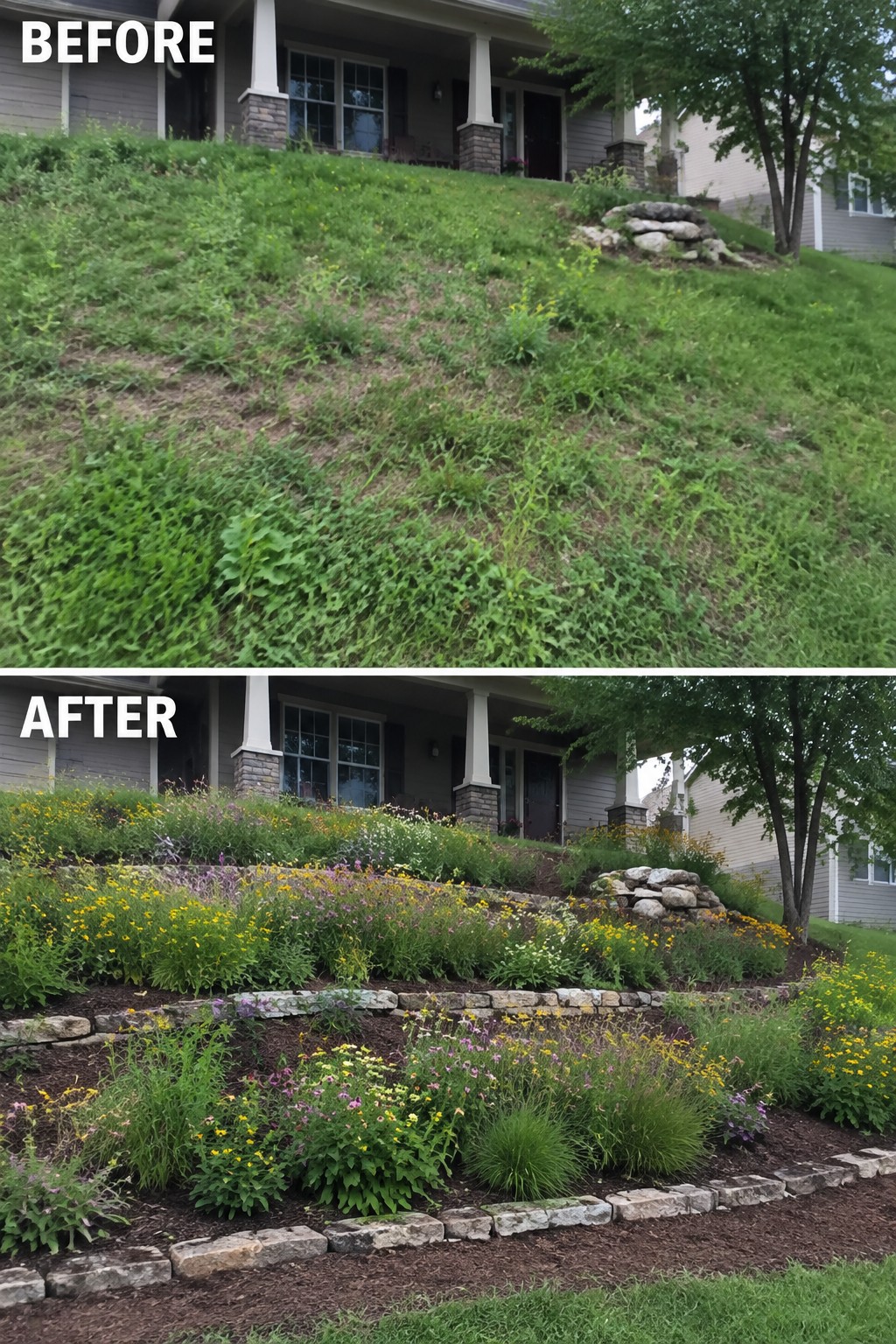 Before and after of weedy hillside transformed into colorful terraced flower garden with stone borders.