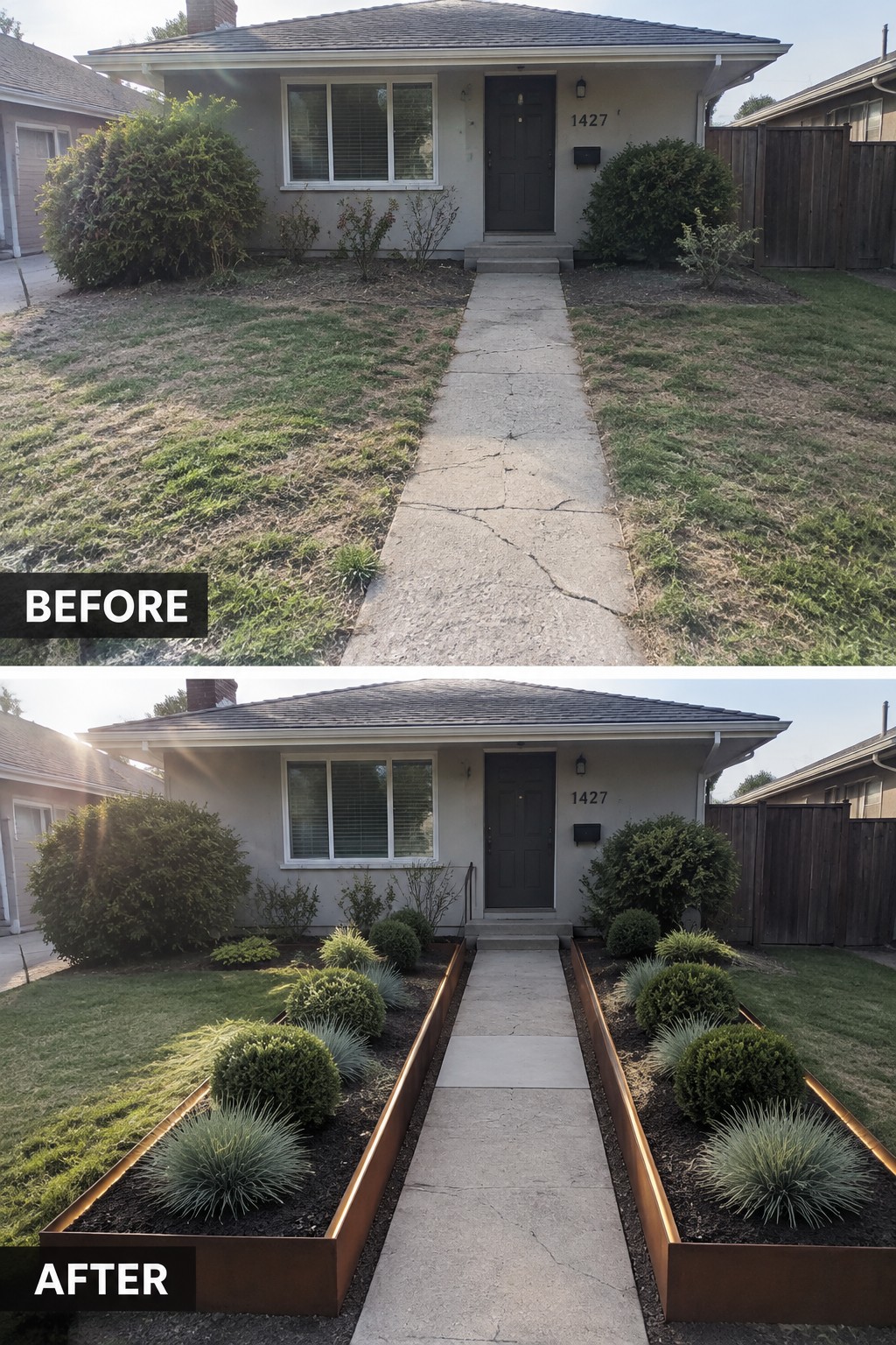 Before and after of house front yard with new metal garden beds and landscaping.
