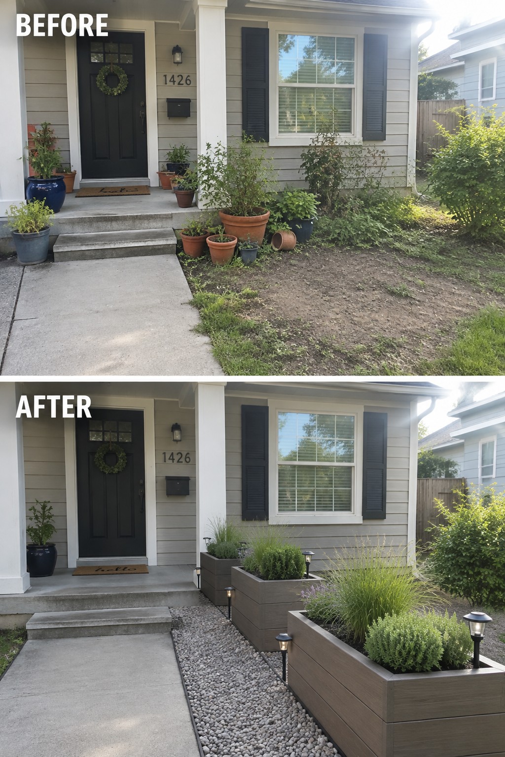 Before and after house entry with messy pots transformed into neat raised garden beds and lights