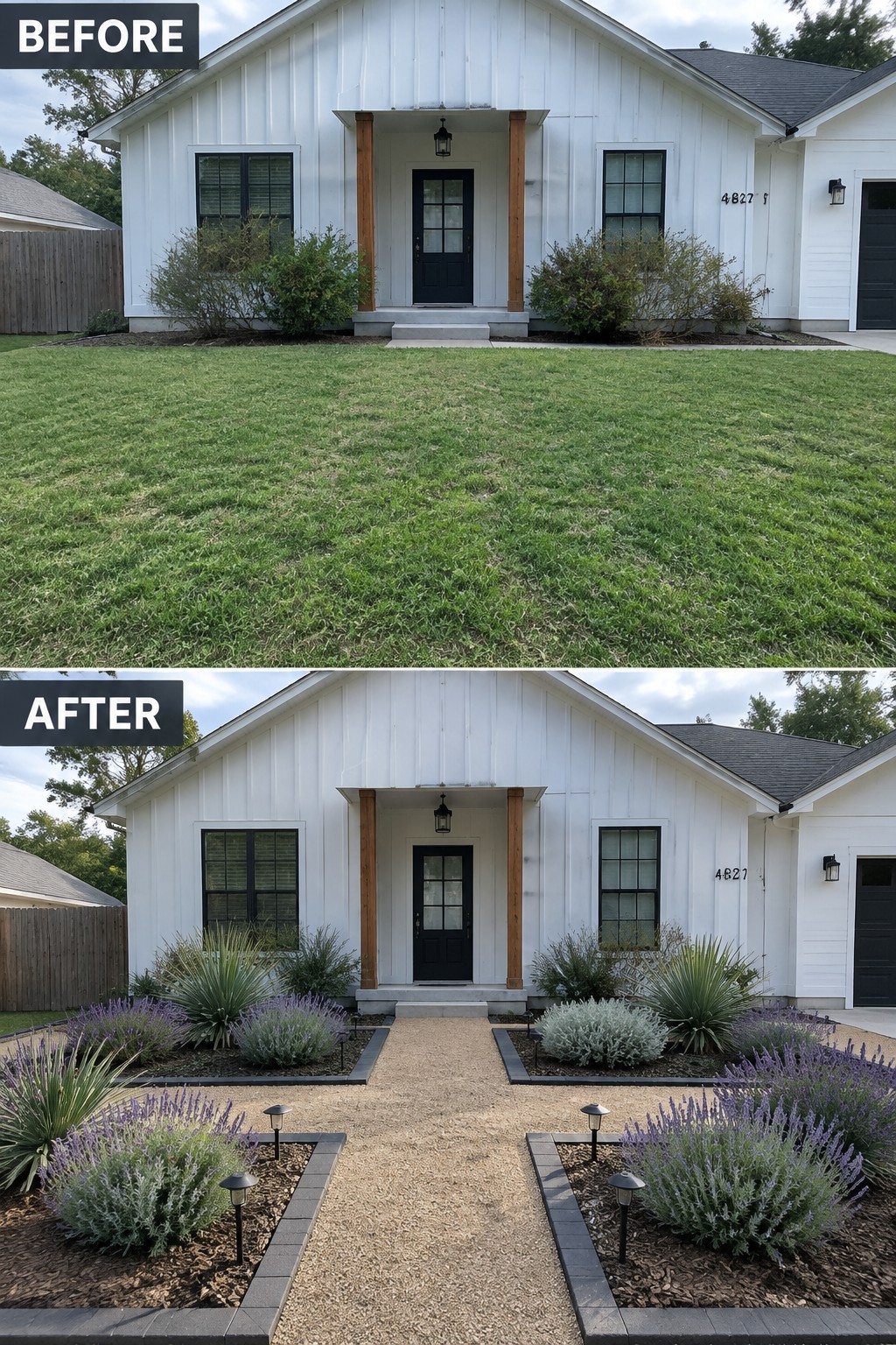 Before and after of white house front yard from plain lawn to landscaped gravel path and beds