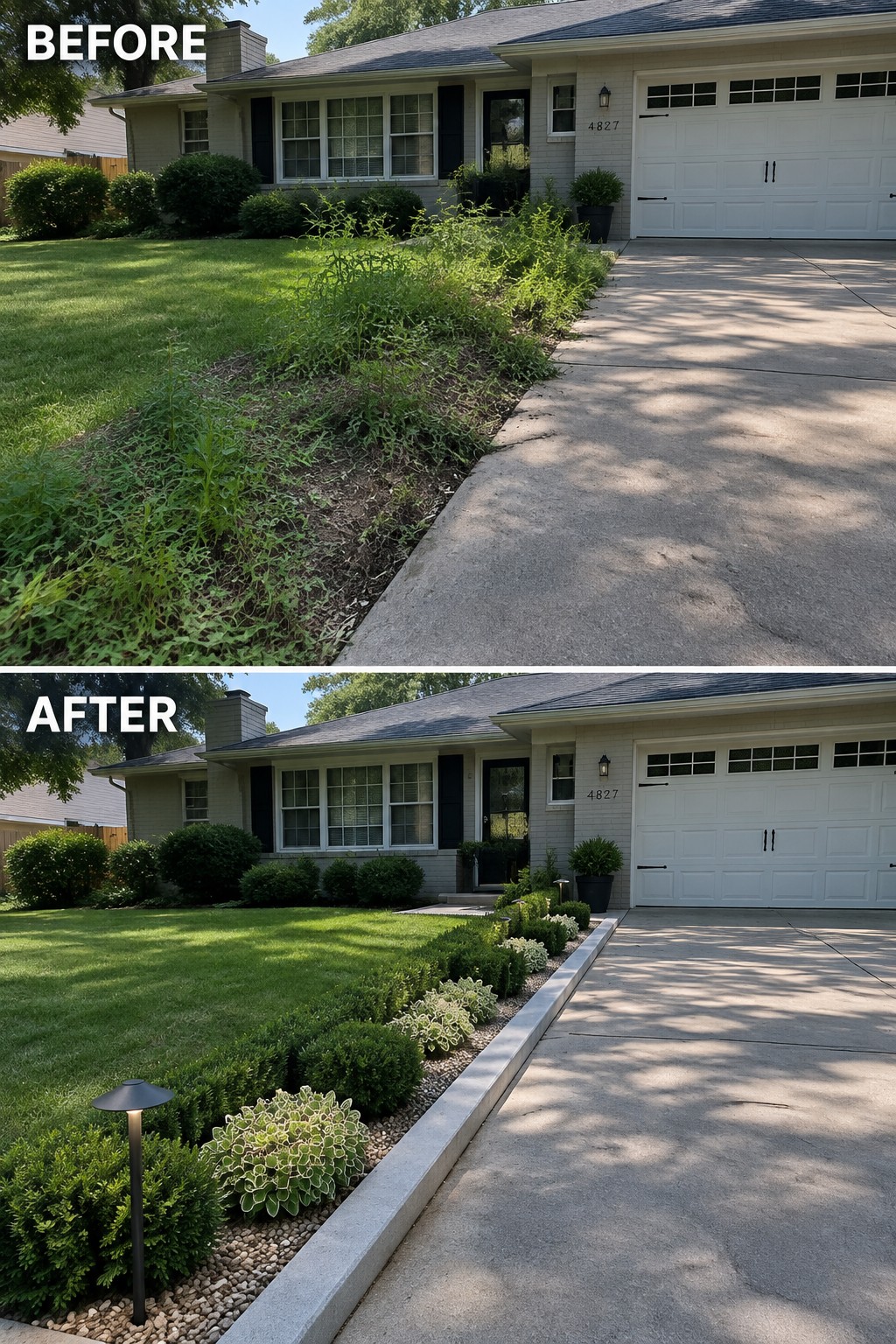 Before and after view of front yard landscaping with weeds replaced by shrubs.