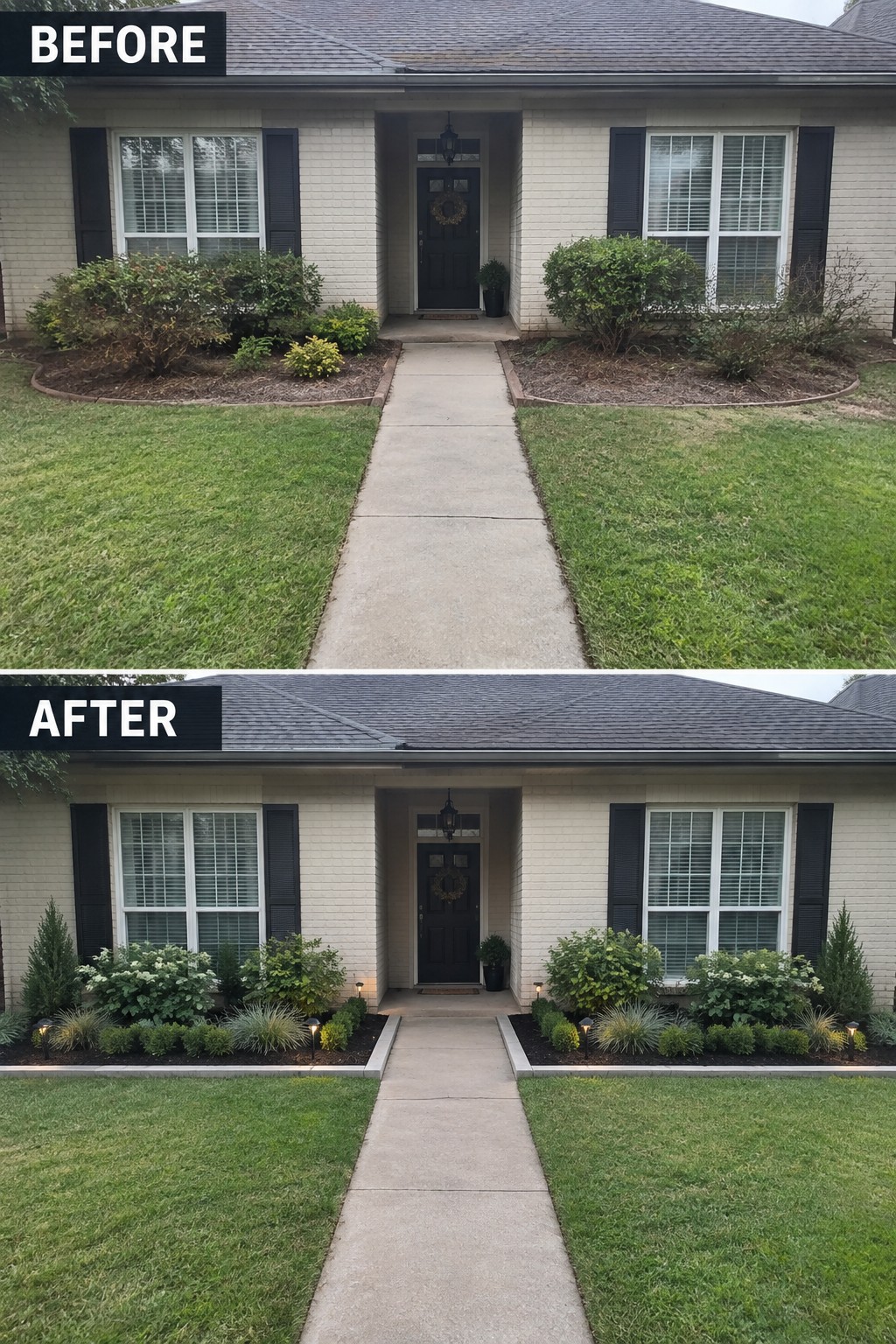 Before-and-after image of a front yard showing loose planting beds changed to clean-lined beds with edging, structured shrubs, and grasses.