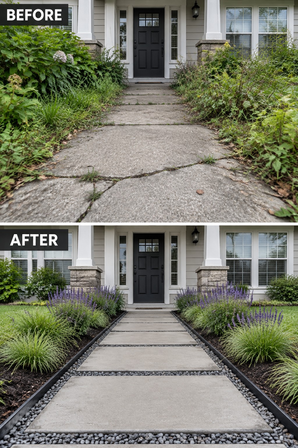 Before and after front walkway with overgrown bushes replaced by neat lavender and stone path
