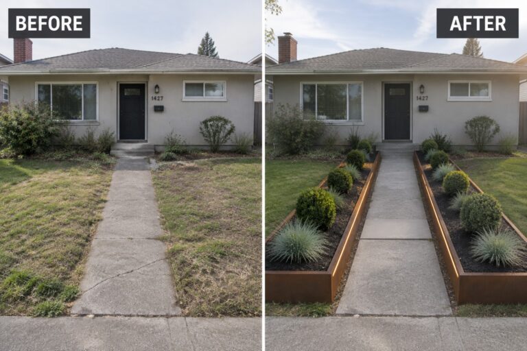 Before and after of house front yard with new metal garden beds and landscaping.