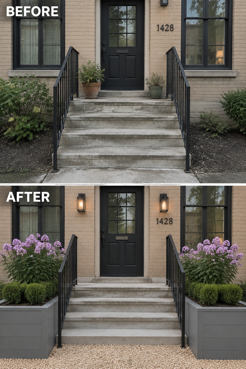 Before and after of brick house entrance with stairs, door, and purple flower planters