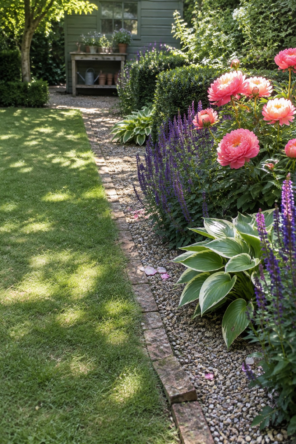 Pink peonies and purple salvia border a gravel path beside a green lawn.